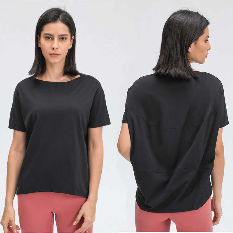 

L-56 Solid Color T Shirts Lady Yoga Outfits Round Neck Women Sports Tops Girl Fitness Shirt Soft Relaxed Fit Top Casual wear, Black