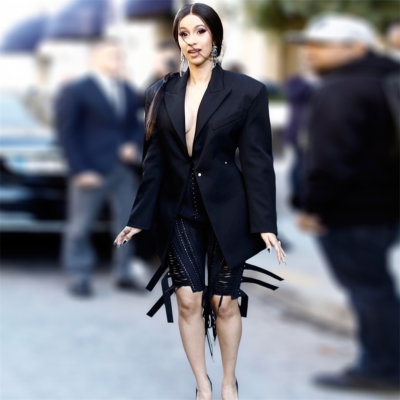 

Cardi B Outfit Lace Up Blazer Backless 2 Piece Pants Set Tassel Eyelet Embellished Buckle V Neck Outwear Sexy Mesh Pants 210709, Black shorts