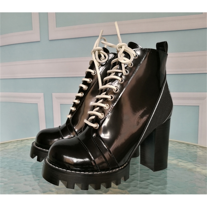 

boots prowow women's lace up platform boots, leather gladiator round head, thick high heels, winter 03fh, Black