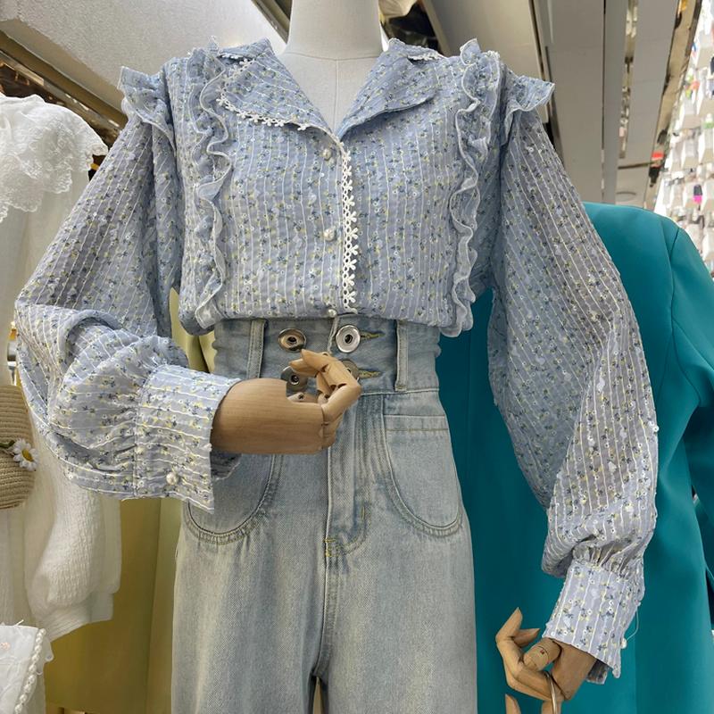 

Women's Blouses & Shirts Sweet Patchwork Print Women Shirt 2021 Spring Fresh Long Sleeve Top Elegant Pearl Button Blusas Mujer, Blue print