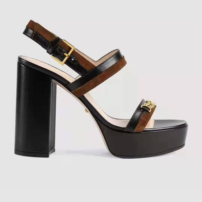 

designers heeled sandals quality newest Chain buckle Strap Platform chunky Heel Shoes Color matching Patchwork 12CM High heels Genuine Leather women sandal, Black