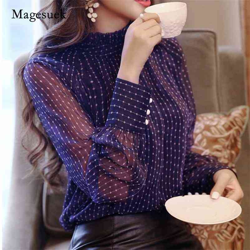

Fashion Chiffon Dot Print Purple Women Blouse Long Sleeve Women's Sexy Office Lady Stand-up Collar Blusas D468 210518, As picture