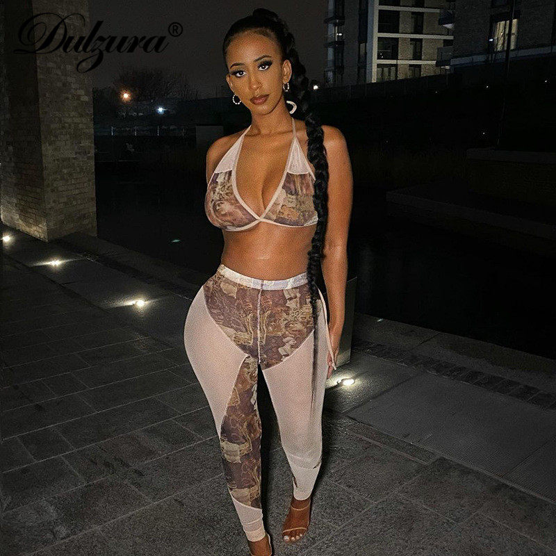 

tie dye mesh patchwork women 2 pieces halter bra leggings set lace up bodycon streetwear club 2021 summer tracksuit, Black;gray