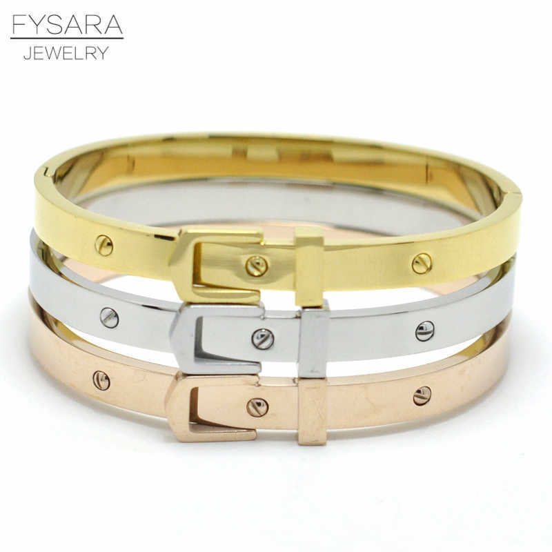 

Fysara Lover Screw Lock Bracelets & Bangles Women Jewelry Stainless Steel Belt Buckle Bracelets Rose Gold Noeud Armband Pulseras Q0717