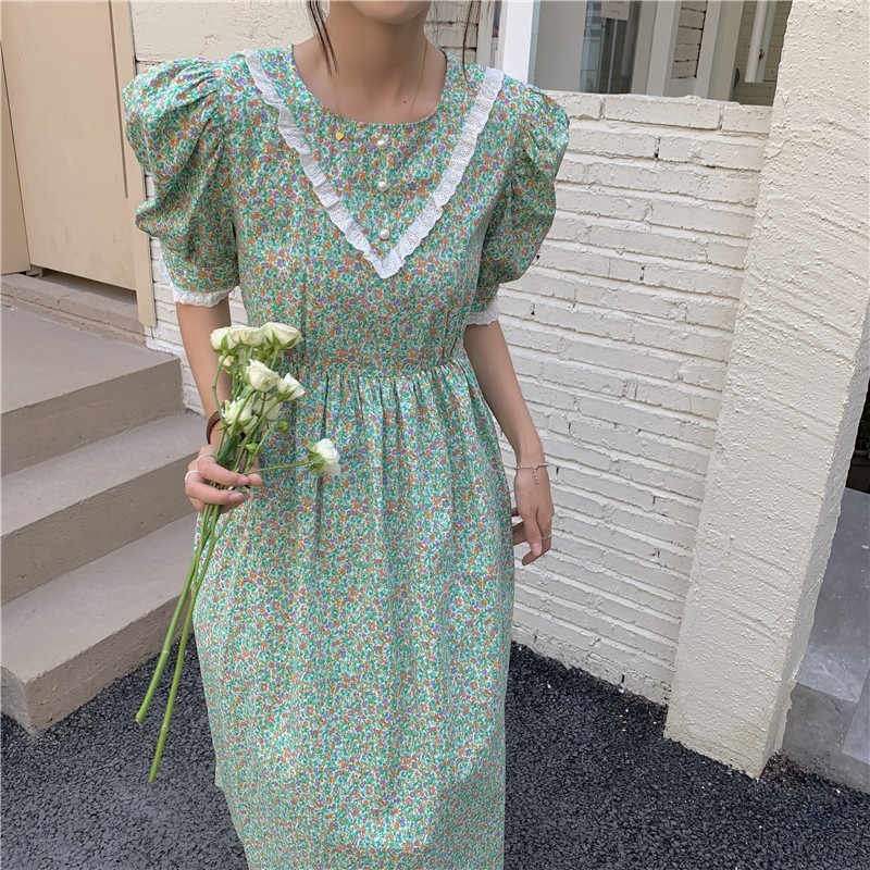 

Summer Dress Fashion Elegant Sweet Flowers O-Neck Puff Sleeve Casual Lace Up Waist Slim Dresses Female 210518, Photo color