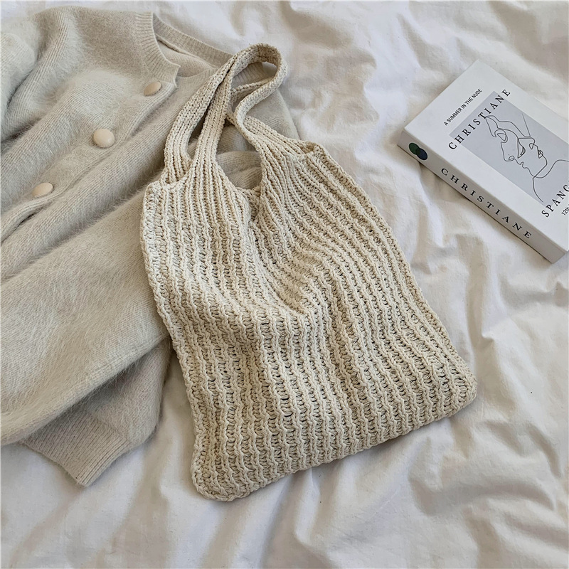 

5pcs Shopping Bags Women Wool Knitted Plain Open Handbag Mix Color, Khaki