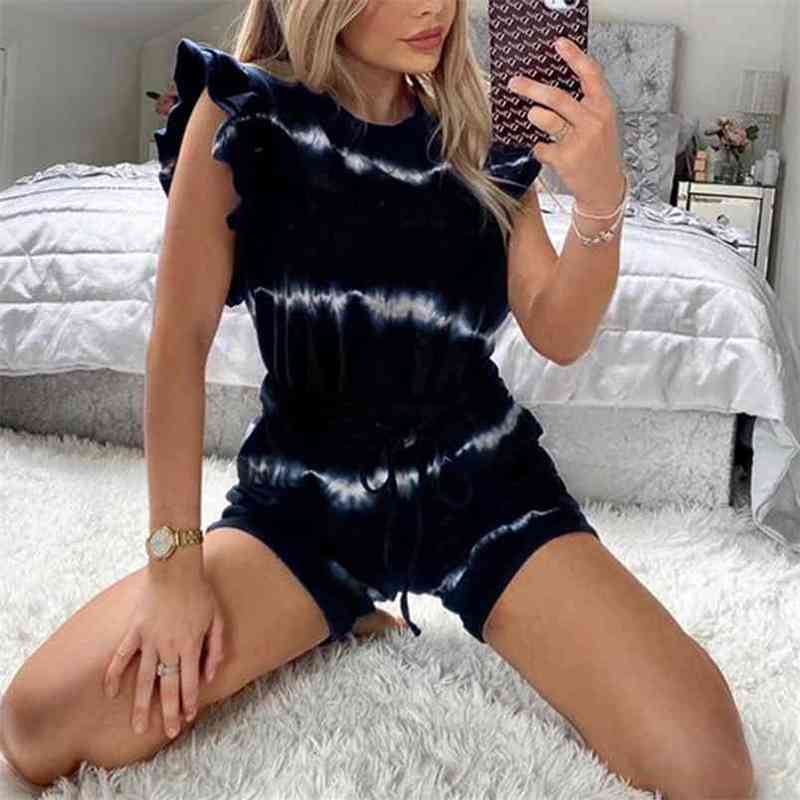 

Summer Casual Print Lovely Tracksuits For Women Flying Sleeve O-neck T-shirt + Lace Up Shorts 2 Pcs Sets Matching Suits 210517, Black