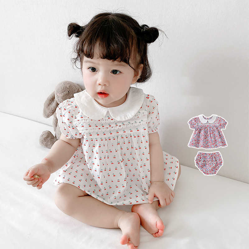 

2Pcs Baby Girl Floral Dress Infant Korean Romper Set born Toddler Vintage with Pants Summer Children Cotton Clothes 210615, White