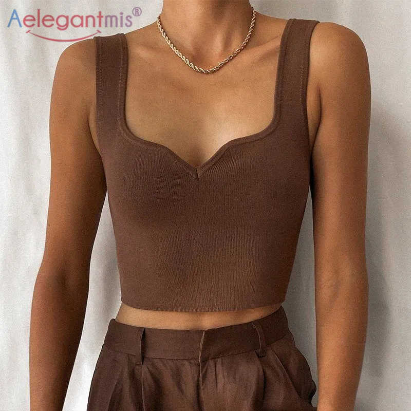 

Aelegantmis Sexy Knitted Short Slim Tank Tops for Women Design V Neck Sleeveless Crop Summer Fashion Club Camis Female 210607, Dark brown