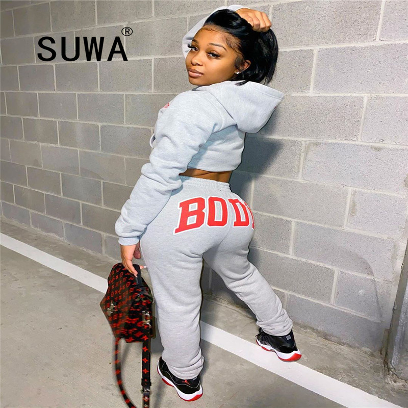 

Body Sporty Two Piece Set Hoodies Sweatshirt Crop Tops Letter Sweatpants Fall Winter Clothes Women Casual Tracksuits Outfits 210525, Gray