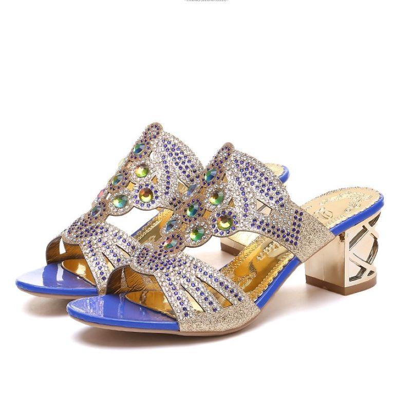

Slippers Glitter Mesh Women Sandals Summer Fashion Peep Toe Elegant Mid Heel Shoes Slip On Big Size 34-41, White