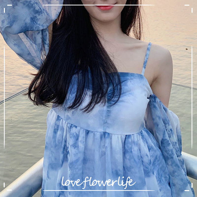 

Vintage Kawaii Dress Sexy Chiffon Slim Mini Dress Beach Office Lady Women Backless Camisole Dresses Summer Korean Style 210521, Blue