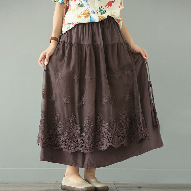 

Johnature Summer Loose Leisure All-match Retro Embroidery Skirt Simple Comfortable Solid Color Women Fashion Half Skirt 210521, Brown
