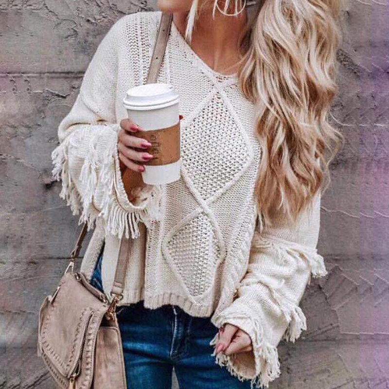 

Women's Knitted Sweater Tassel Patchwork Ladies Pullovers O-neck Flare Sleeve Spring Autumn Loose Casual Sweaters Tops 210518, Burgundy