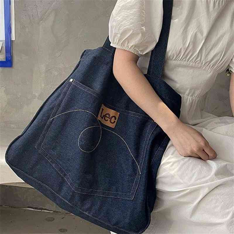 

Simple large capacity denim shoulder lazy wind ins hand carrying shopping canvas schoolbag student literature and art, Navy