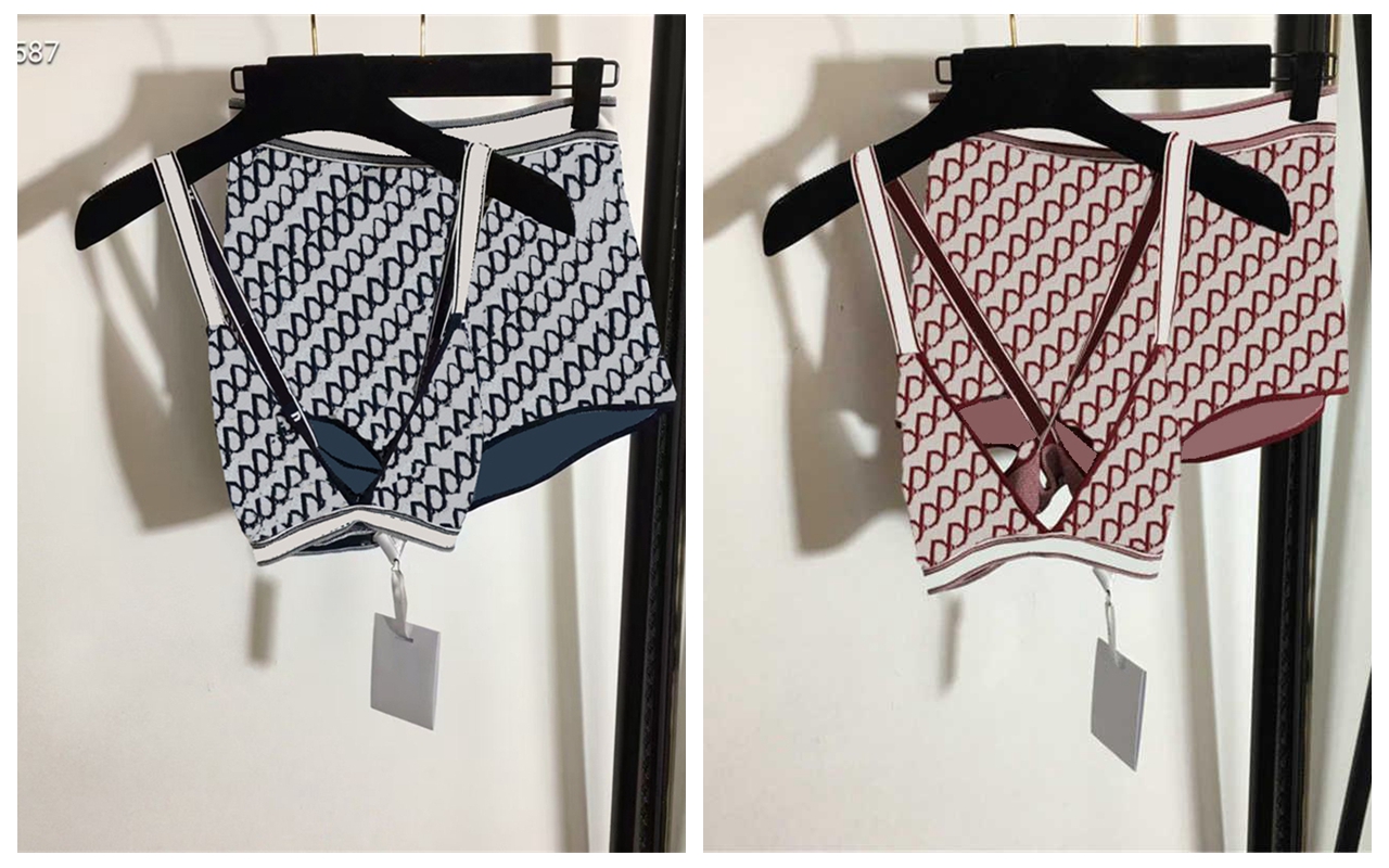 

Full Letters Bras Set Womens Vintage Split Beach Lingerie Bikinis Soft Comfortable Knitted Sexy High Waist Underwear Beachwear, Red