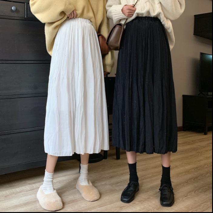 

womens skirt women draped rib pleated elastic high waist long female autumn ladies quality midi saia, Black