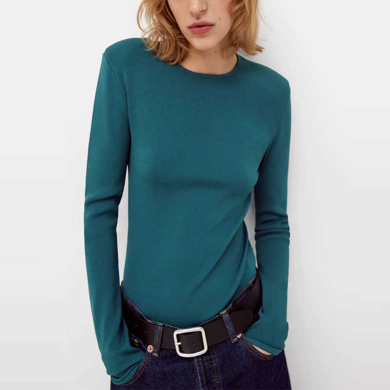

Za Shoulder Pad Knit Sweater Women O Neck Long Sleeve Blue Black Pullover Knitted Top Female Fashion Slim Vintage Sweaters 210602