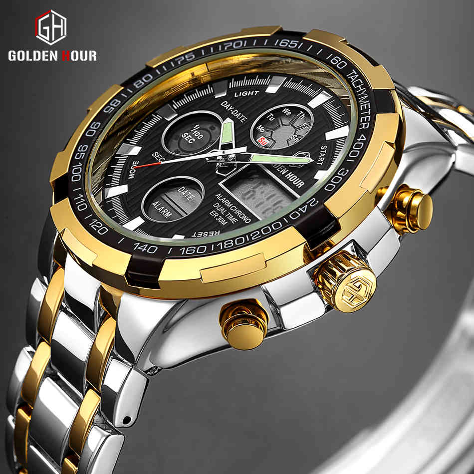 

GOLDENHOUR Brand Men Casual Quartz Watch Mens Stainless Steel Strap Waterproof Wristwatches Classic Fashion Business Male Clock 210517, Gh108 s w