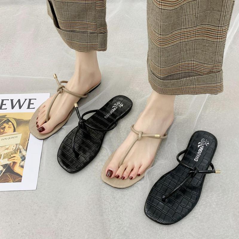

Slippers 2021 Summer Pure Color T-shaped Straps Flip-flop Wild Fashion Flat Bottom Outer Wear Non-slip Ladies Slides Beach Lazy Shoes, Black