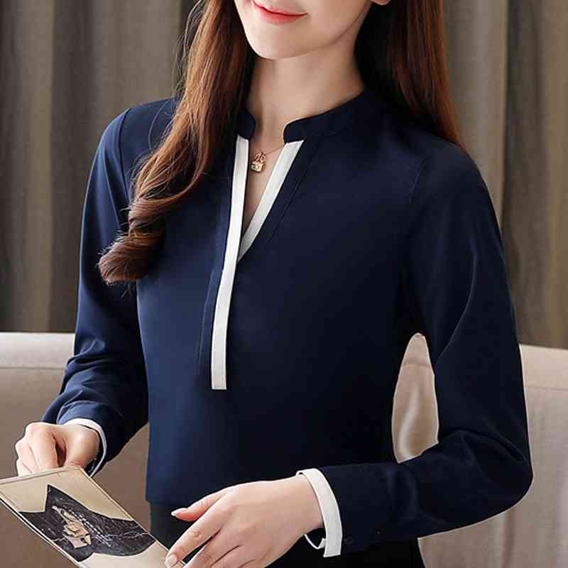 

Womens Tops And Blouses Long Sleeve Blouse Women Blusas Mujer De Moda V-neck Office Ladies Tops Chiffon Blouse Shirt C478 210602, Dark blue