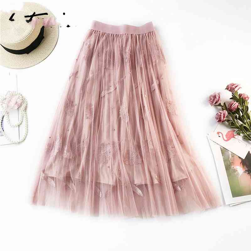 

High Waist Long Skirts for Women Woman Elegant Tulle Embroidered Pink A-line Pleated Knee Length 210603