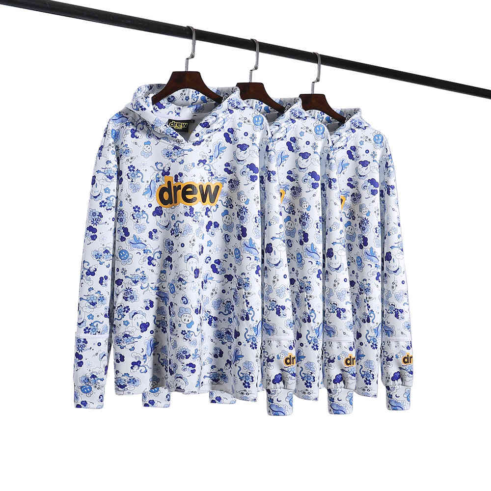 

Draw blue white porcelain smile face somersault cloud sweater full body printing fashion men's and women's Chinese style loose casual YHDA, Black