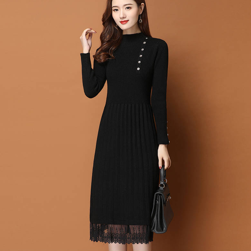 

2021lace hem buttons women autumn winter sweater knitted a line dresses ribbed slim elastic long sleeve lady bodycon midi dresses, Black;gray