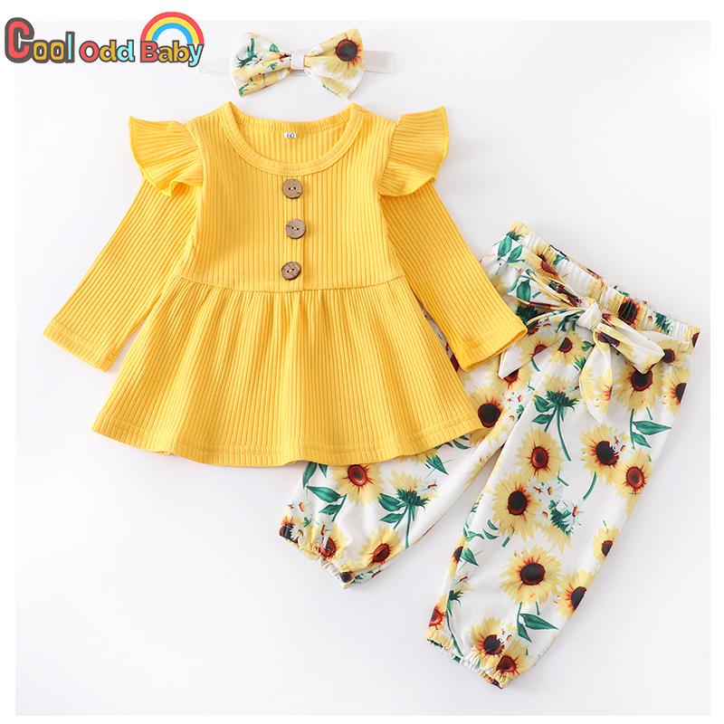 

Clothing Sets 3Pcs Spring Born Infant Fashion Baby Girl Clothes Set Yellow Knitted Top Sunflower Print Pants Headband Fall Outfits