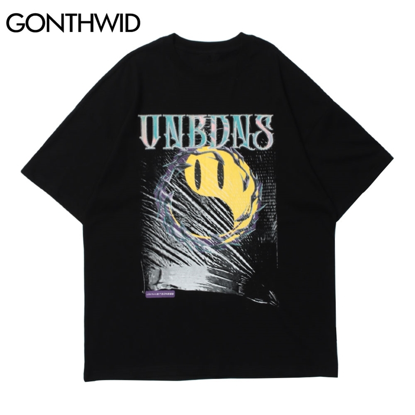 

Tees Tops Harajuku Casual Hip Hop Creative Graffiti Face Print Short Sleeve Cotton Streetwear Punk Rock Gothic T-Shirts 210602, Black