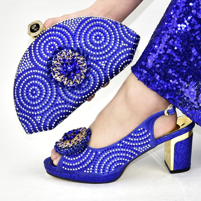 

Dress Shoes Latest Design Shoe And Matching Bag For Nigeria Party Rhinestone Wedding African Bags Italian In Women, Blue one set