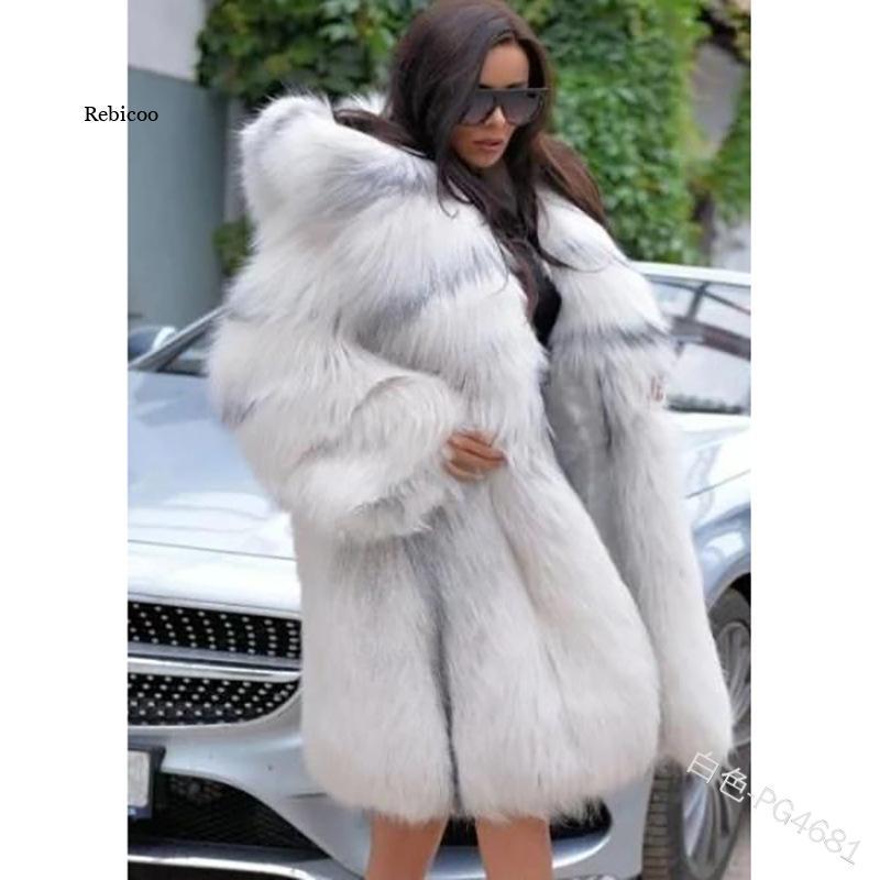 

Women's Fur & Faux Winter Long Collar Mid-Length Female Hood Hooded Coat, Black