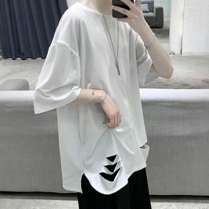 

Men's T-Shirts Summer Split Fork Irregular Short Sleeve Men T Shirt All-match Ripped Hole Korean Fashion Hip Hop Oversized Punk Streetwear, White