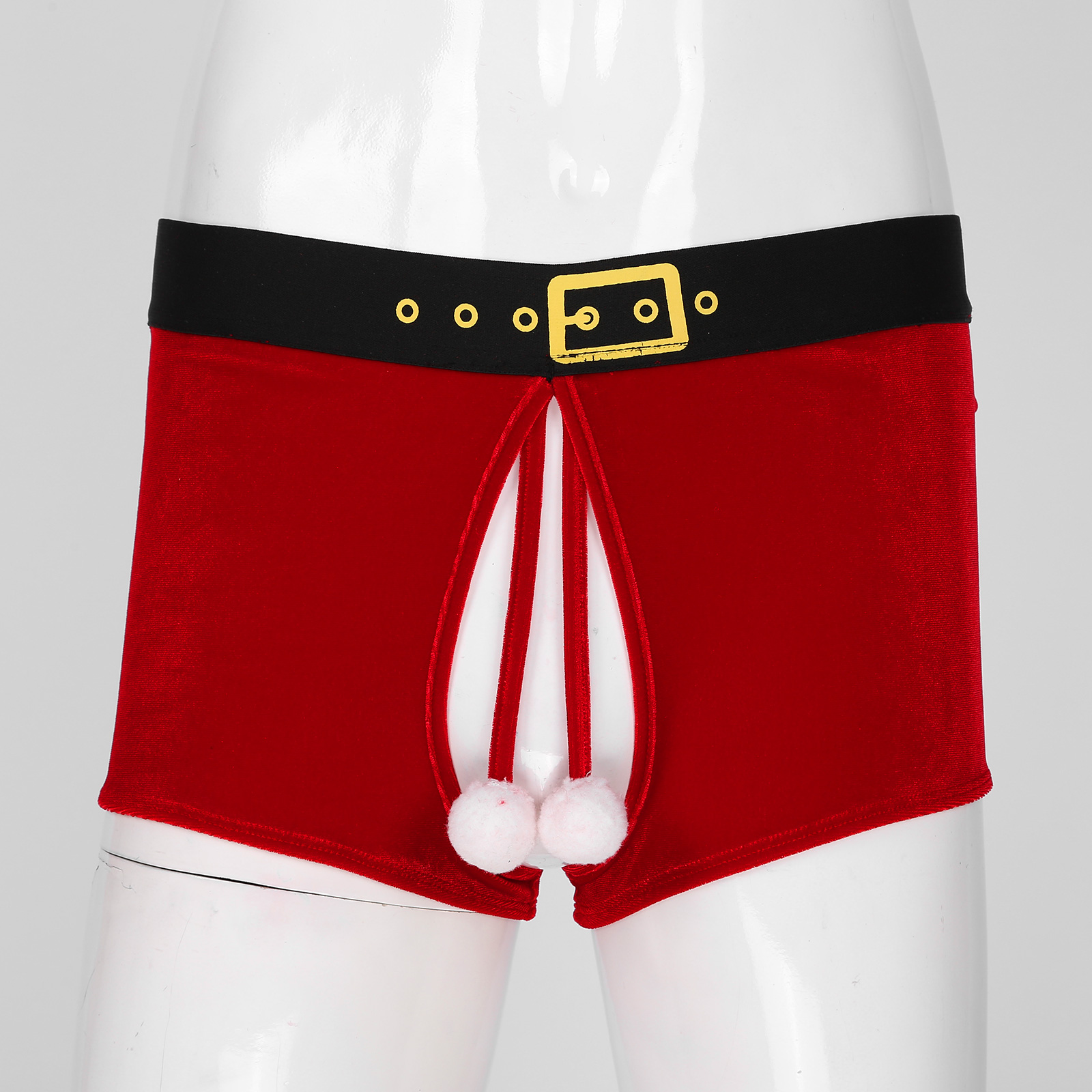 

Men Velvet Crotchless Panties Christmas Lingerie Underpants Low Waist Elastic Waistband Boxer Shorts Fluffy Ball Decor Underwear