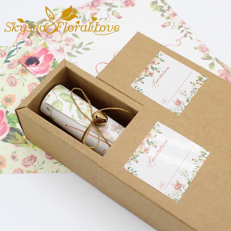 

Greeting Cards Wedding Invitation Box Marriage Invitations Card High Quality Kraft Paper Carton Rope Bell Scroll 30pcs/lot