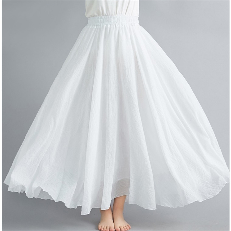 Fashion Women Maxi Skirt Cotton Skirt Linen Long Elastic Waist Beach Boho Summer Vintage Skirts Faldas Saia A Line Skirts 210412Z
