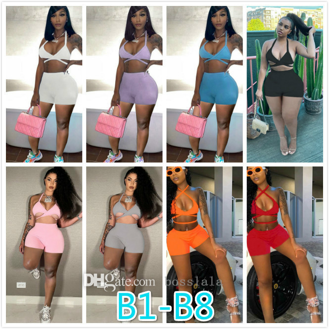 

Summer Women Tracksuits Sleeveless Open Back Tether T-shirt + Pants Solid Color Two Piece Sets Yoga Outfits Gym Clothes Plus Size Clothing, Short style b1-b8