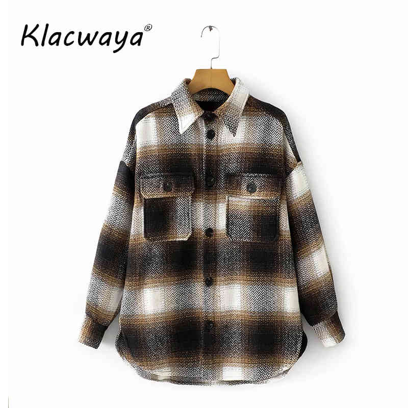 

Women Vintage Stylish Pockets Oversized Plaid Jacket Coat Fashion Lapel Collar Long Sleeve Loose Female Outerwear Chic Tops 210521, Dark brown
