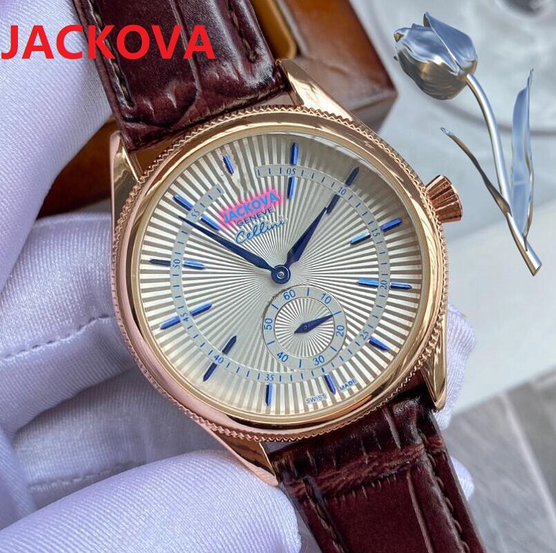 

Rose Gold Gentalmen Genuine Leather Men watches Subdials Work Quartz Movement Brown Black Leather Watch auto date analog clock factory montre de luxe, As pic