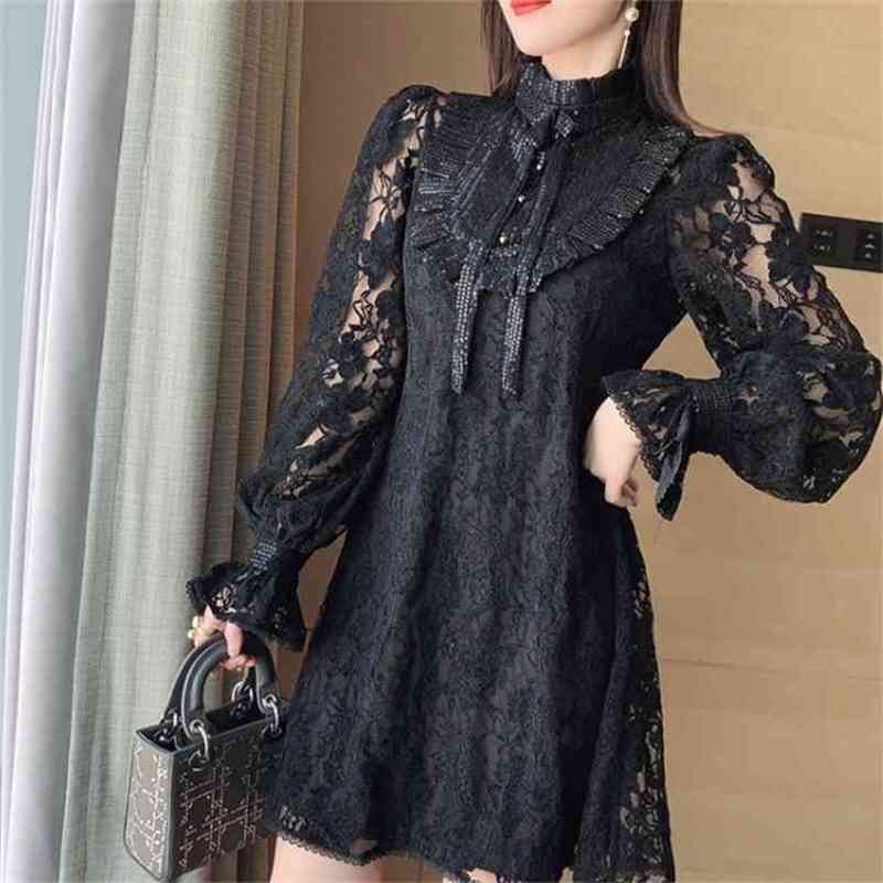 

Sexy Women Lace Short Dress Elegant Ladies O-Neck Sequined es Summer Casual White Mini 210603, Black
