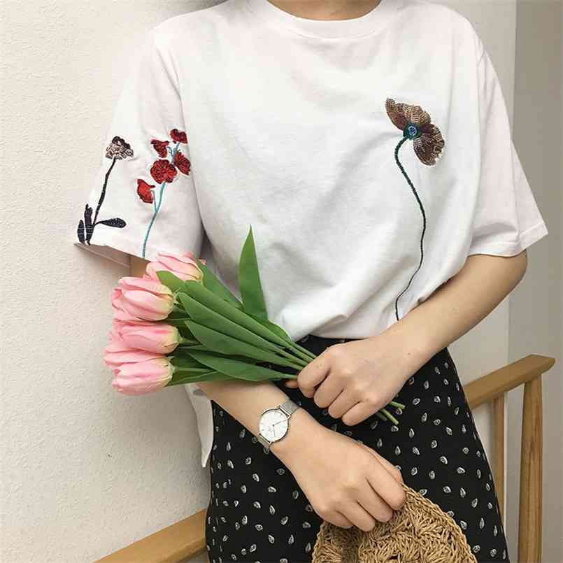 

Summer Fashion Special Flower Embroidered All Match Loose Casual Short Sleeve Female T-shirts 210708, Red