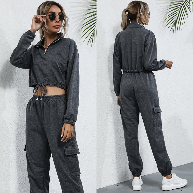 

tracksuits sport suit 2021 autumn ins trend solid collar bodysuit women's wear, Gray