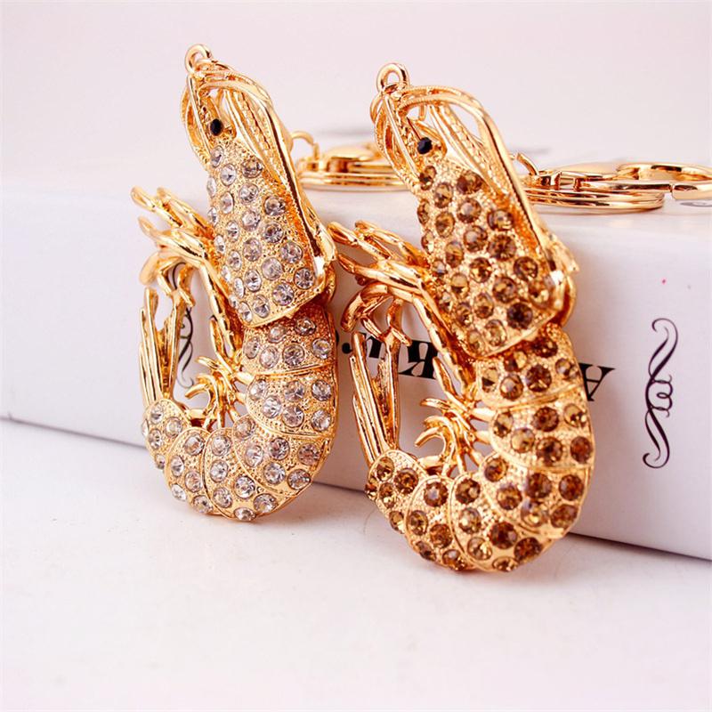 

Keychains Creative Brown Rhinestone Base Shrimp Key Ring Lobster Metal Pendant Jewelry Small Gift Giveaway Keyfob
