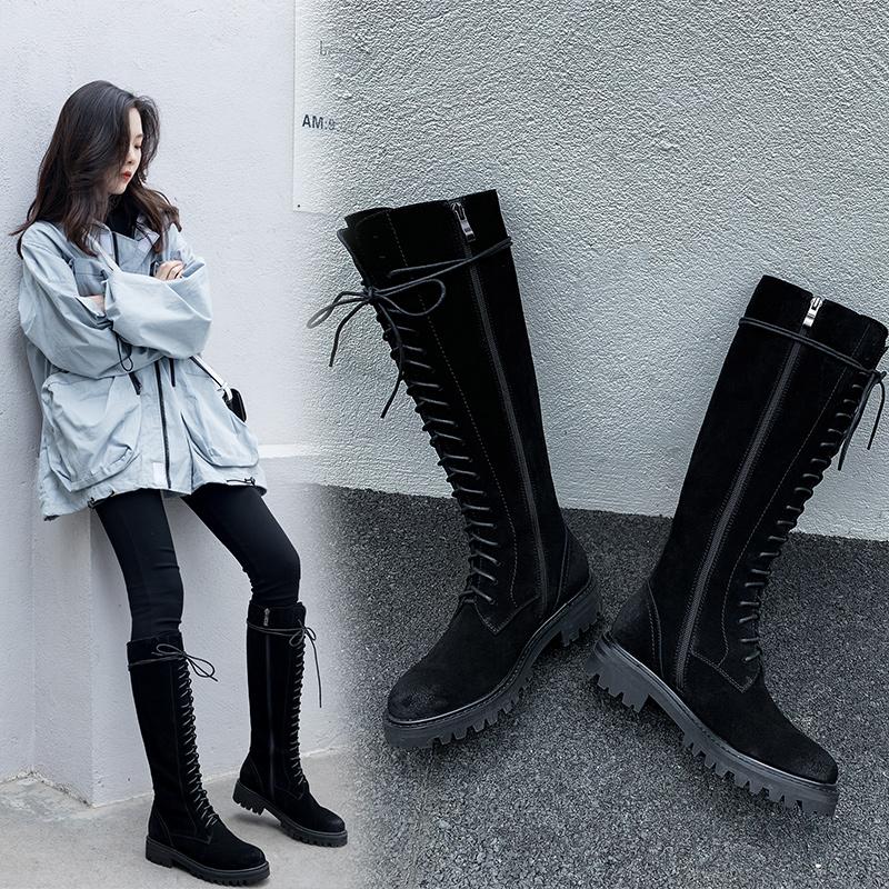 

Boots Women Knee-high Natural Leather Shoes 22-25 Cm Length Spring And Autumn Eather Zipper Frosted Cow Suede Womens, Black