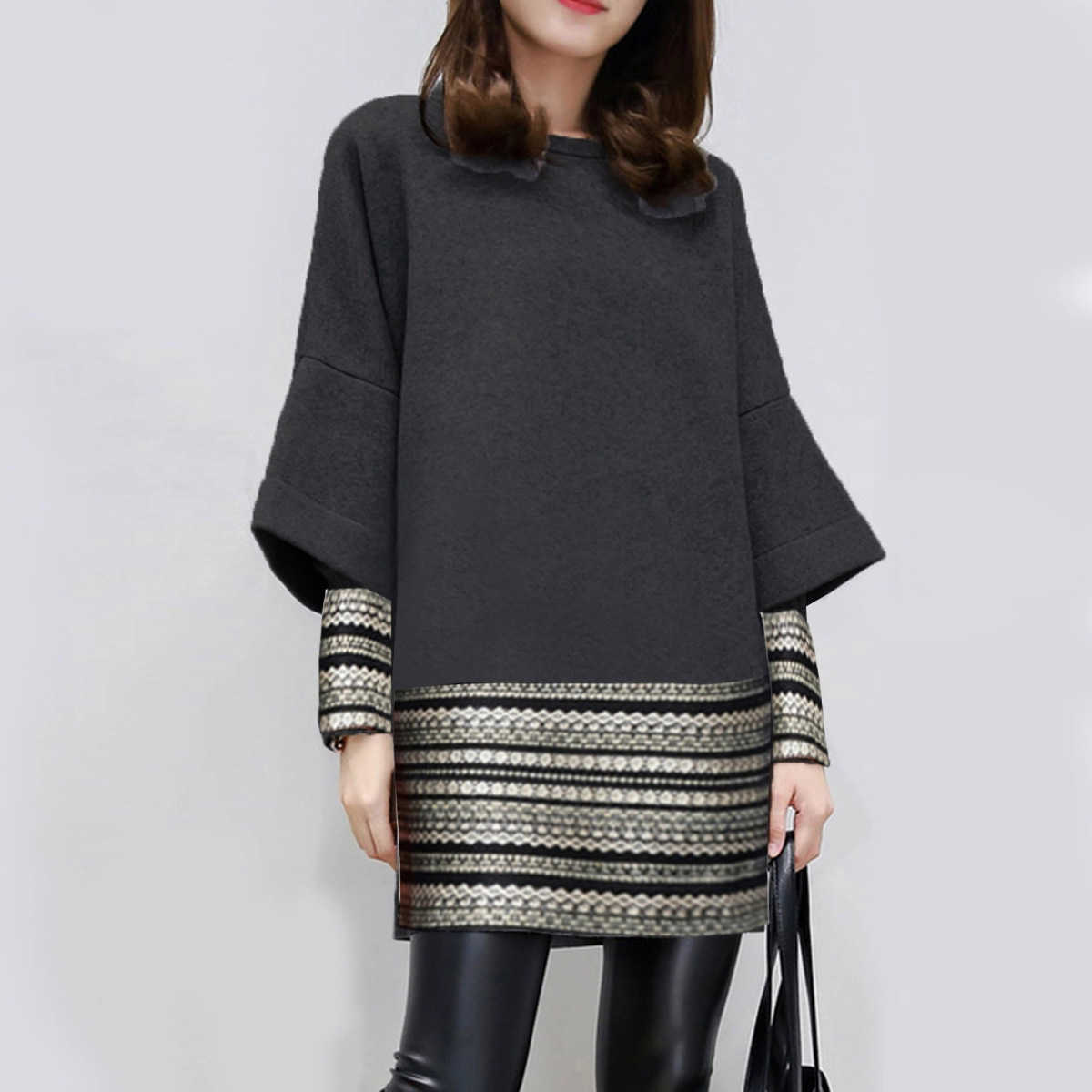 

Design Fashion O Neck Straight Wrist Print Dress for Women 210615, Black