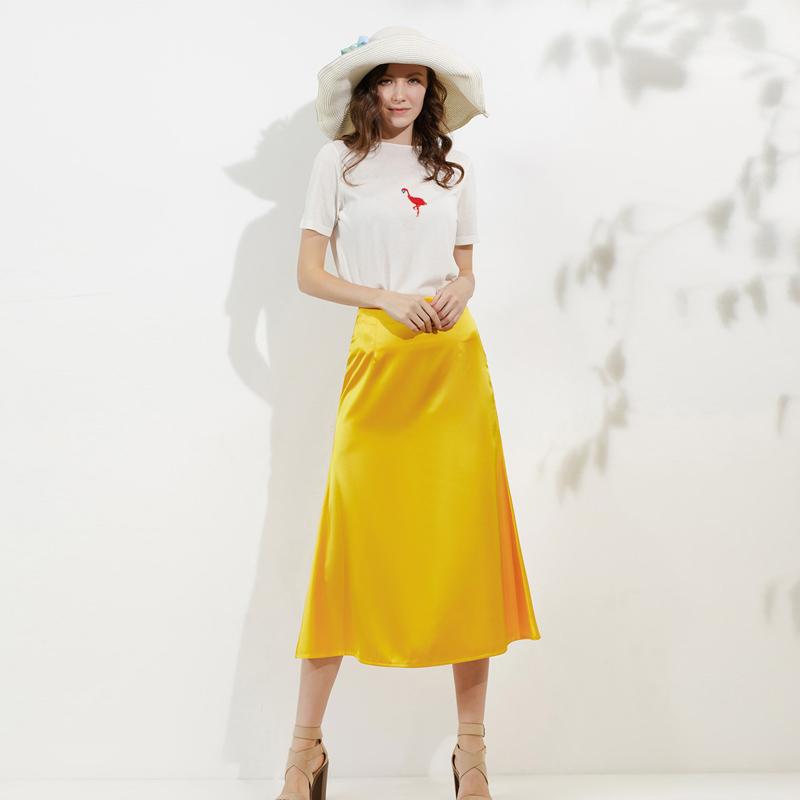 

Skirts 2021 Summer Elegant Office Solid Woman's Satin Silk Skirt High Waist A-Line Ladies Plus Size Female Midi With Zipper, Yellow