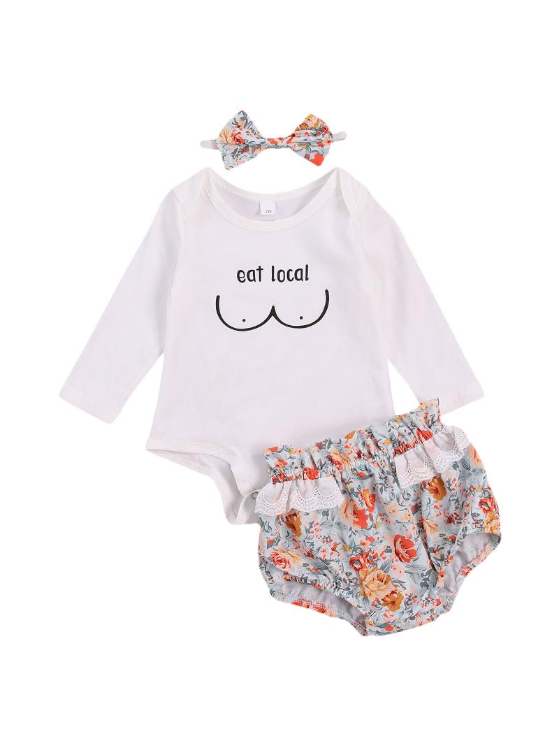 

Clothing Sets 0-18M Born Baby Girls Clothes Set Letter Print Long Sleeve Rompers+Lace Flower Shorts+Headband 3pcs Outfits, White