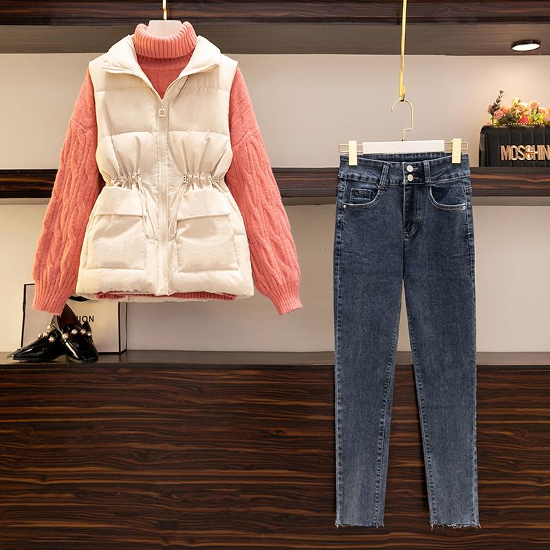 

Women's Two Piece Pants Casual Women Winter Warm Suit Fashion Vest Jacket And Turtleneck Knitting Top+jeans Pant 3 Pce Set Sportwear Matchin, White