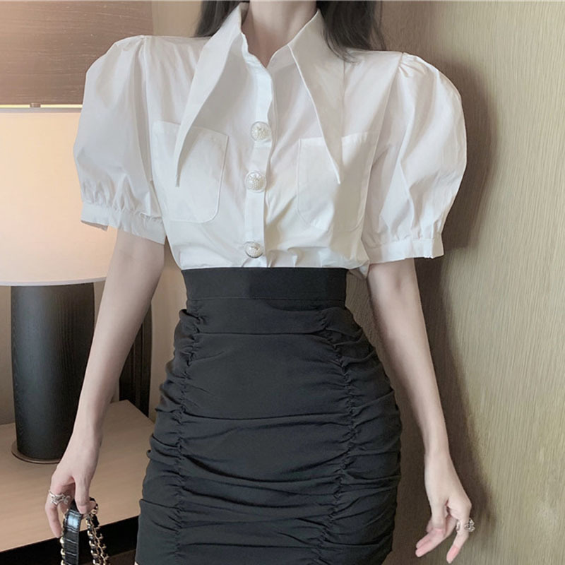 

Lucyever Summer Casual Puff Short Sleeve Pockets Shirts Women Fashion Turndown Collar Blouse Woman Korean Loose White Shirts 210521