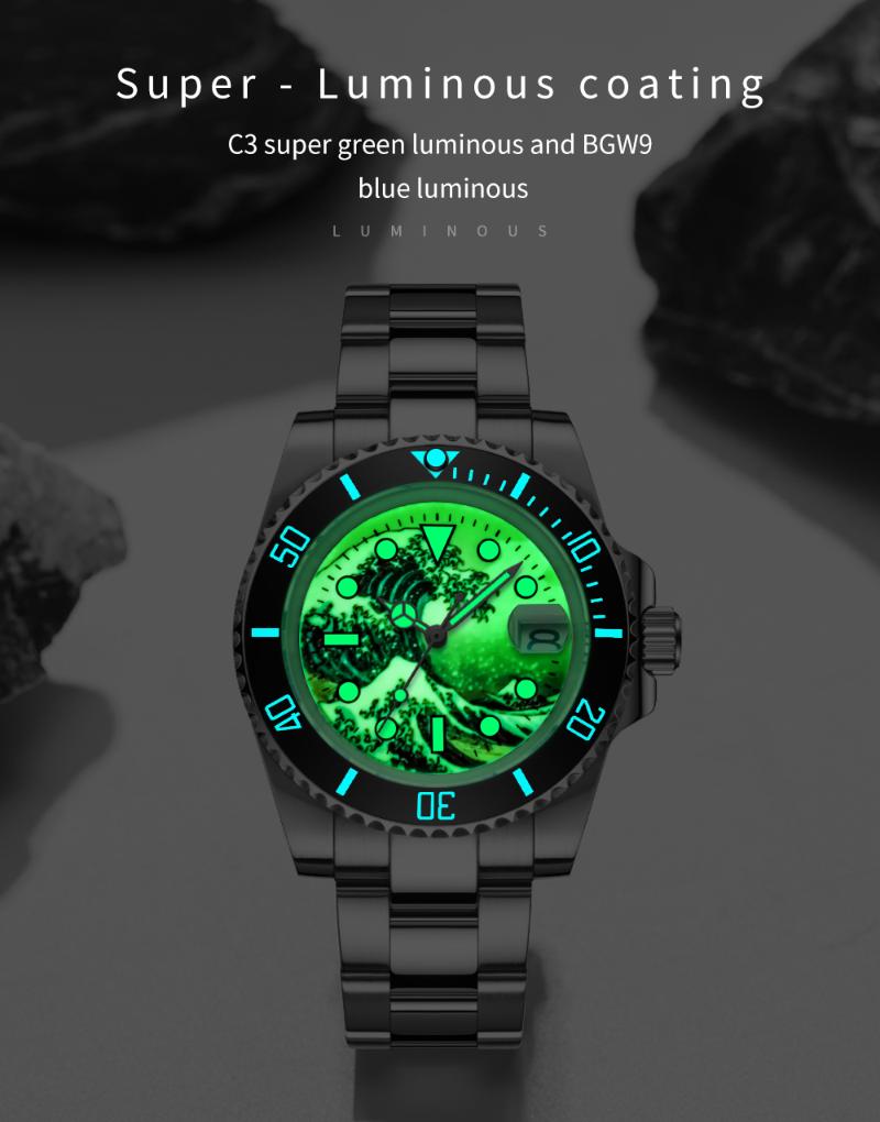

Wristwatches Surfing Dial SUB 40MM Mechanical Men Watch 24 Jewels NH35A Luminous Middle Polish Oyster Strap Screwdown Crown Date, Green